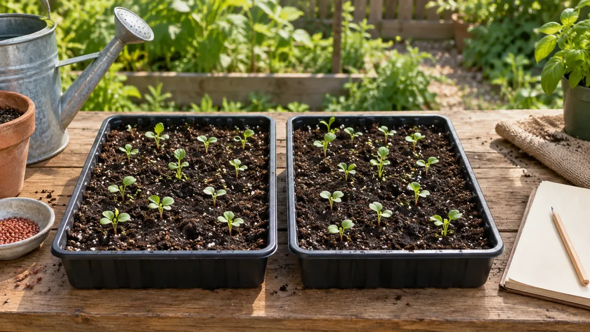 Two matching seed trays on a potting bench set up for a simple germination comparison