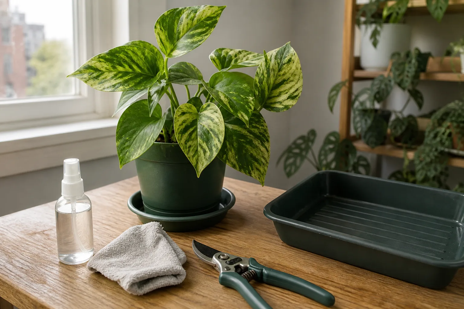 Isolated houseplant on a separate tray with labeled newest leaves photographed for Day-0 mosaic diagnosis