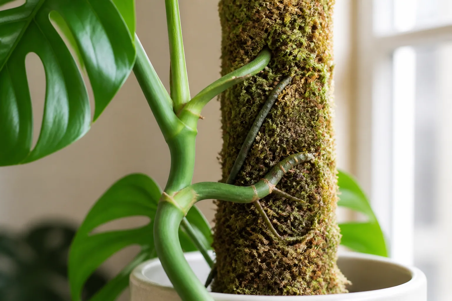 Close-up of Monstera aerial roots tucked into damp sphagnum on a moss pole