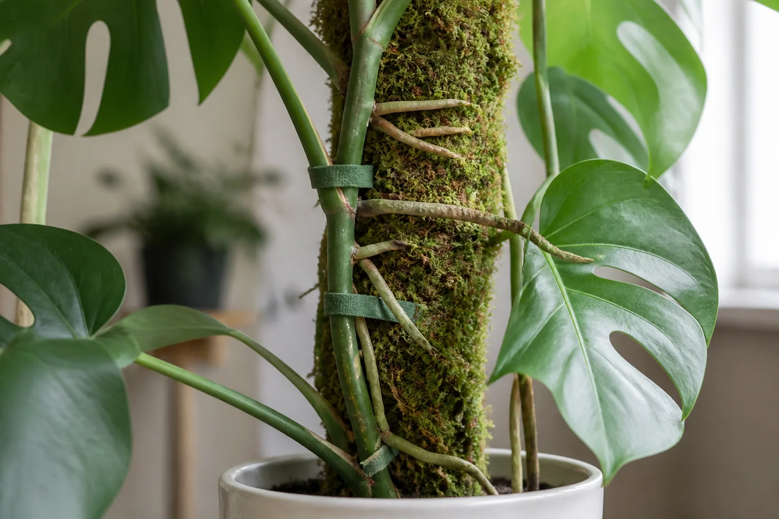 Side-by-side idea: aerial roots gripping damp moss versus stems only soft-tied to dry lattice