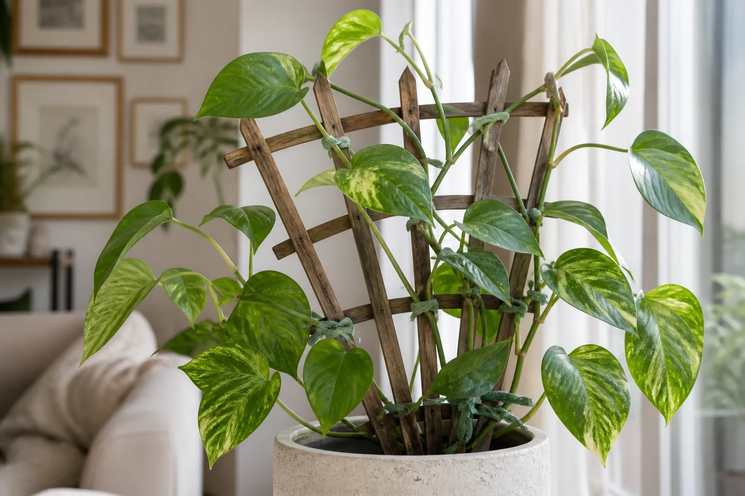 Heartleaf philodendron stems soft-tied across a wooden fan trellis