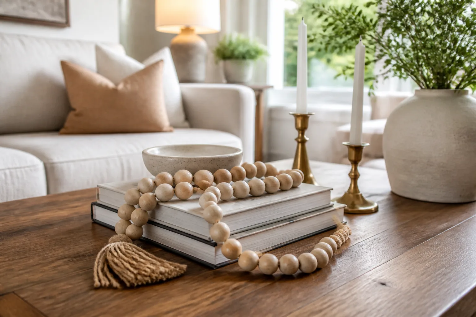 Living room with houseplants and a styled coffee table surface