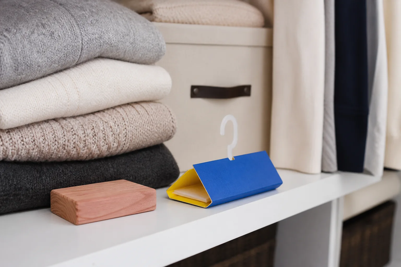 Clothes moth pheromone trap hanging on a closet rod among wool coats