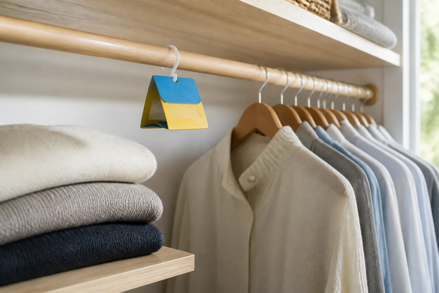 Pheromone clothes moth trap hanging in a closet beside folded wool sweaters