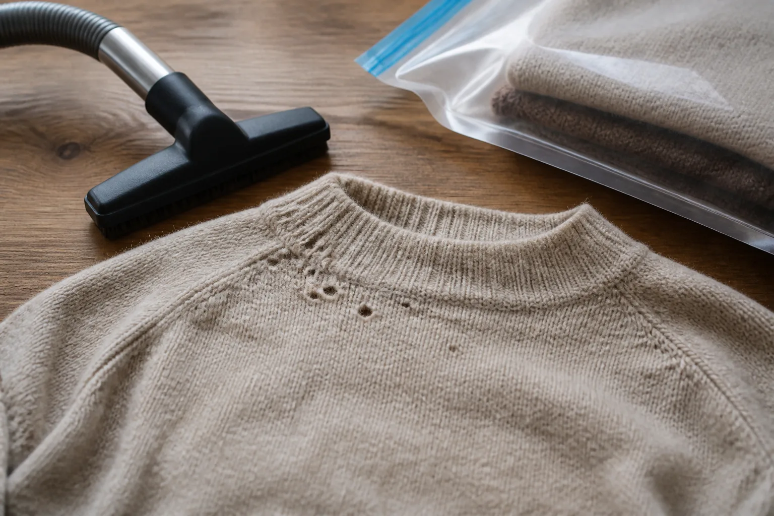 Irregular holes and surface grazing on a folded wool sweater from clothes moth larvae