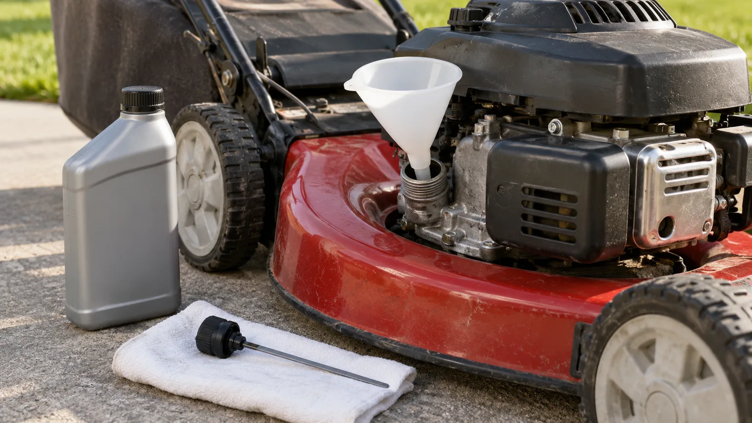Funnel positioned in the oil fill opening beside a mower dipstick