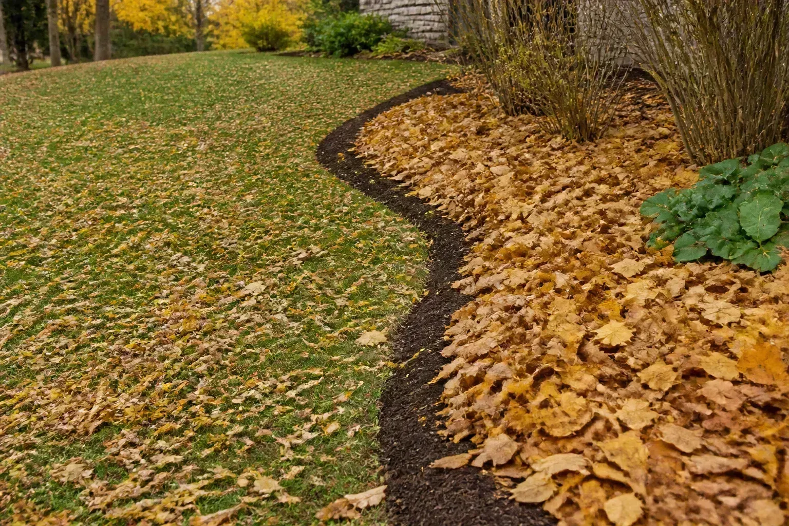 A lawn and garden bed showing two practical destinations for fall leaves instead of bagging everything