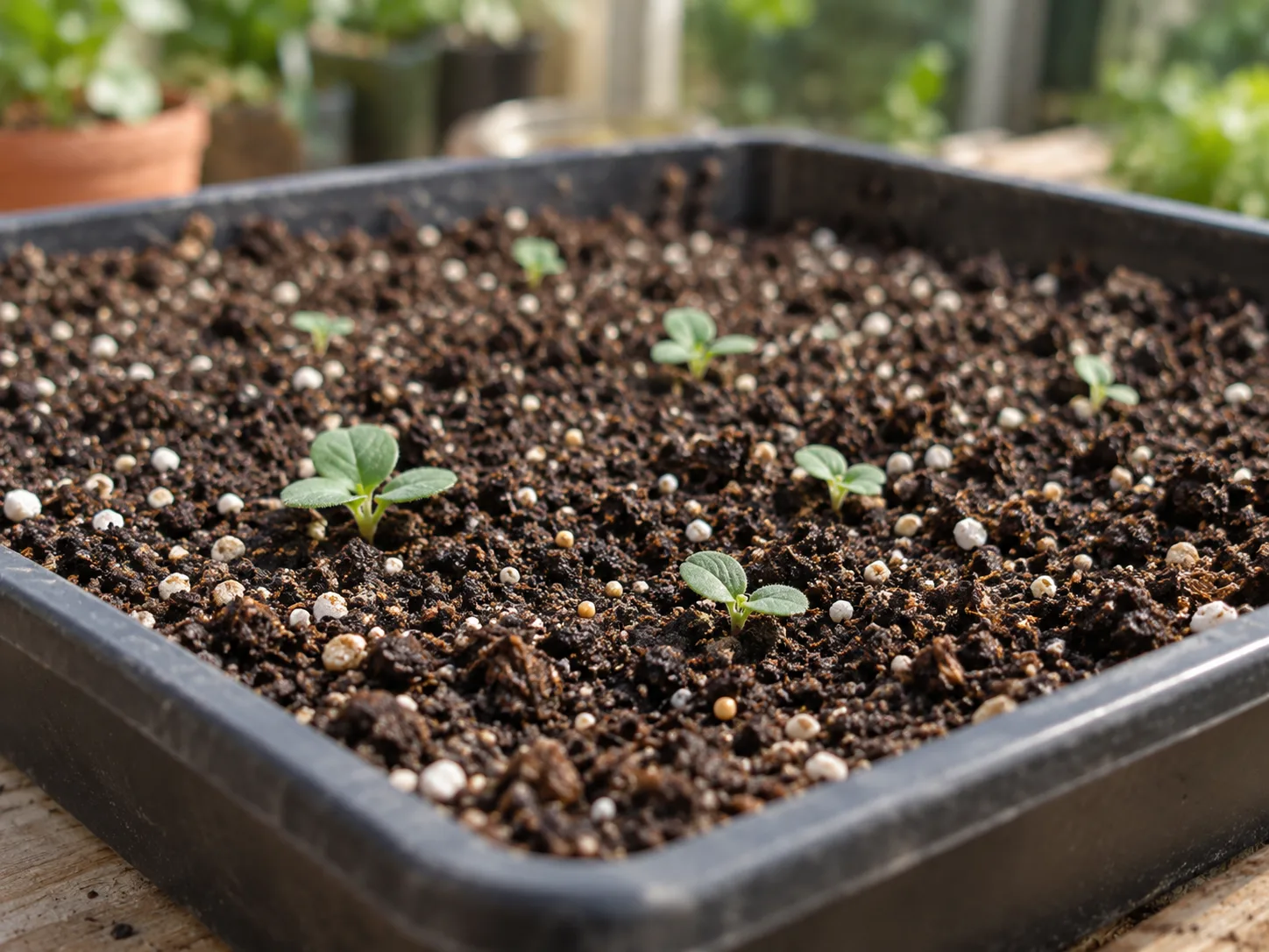 Common mullein seeds are pressed onto the surface of a fine, lightly moist seed-starting mix.