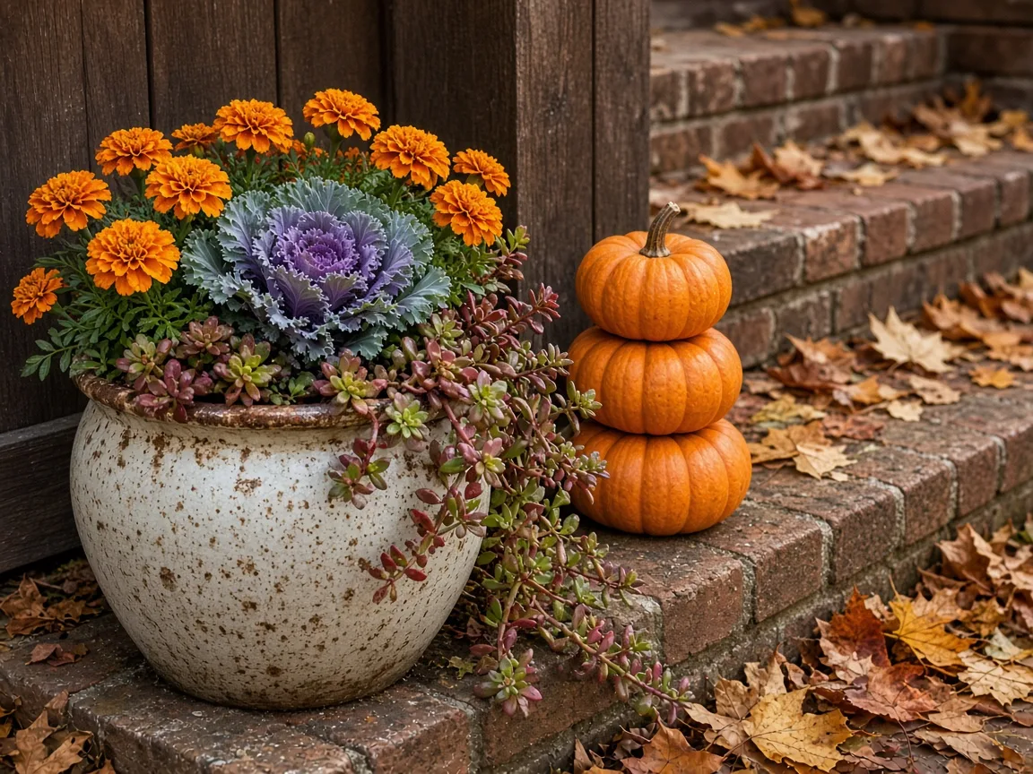 Fall porch container with orange marigolds, ornamental kale, and mini pumpkins