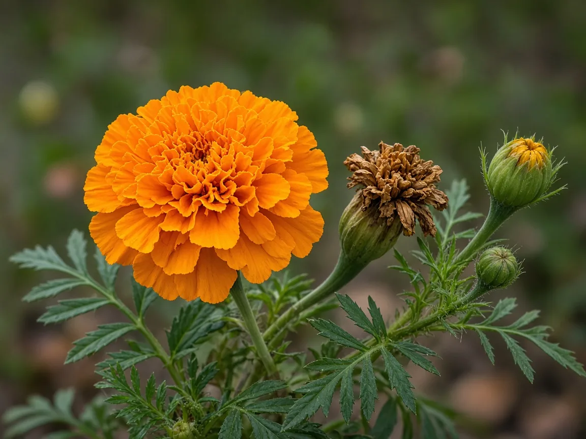 Marigold with a faded spent bloom beside fresh orange flowers
