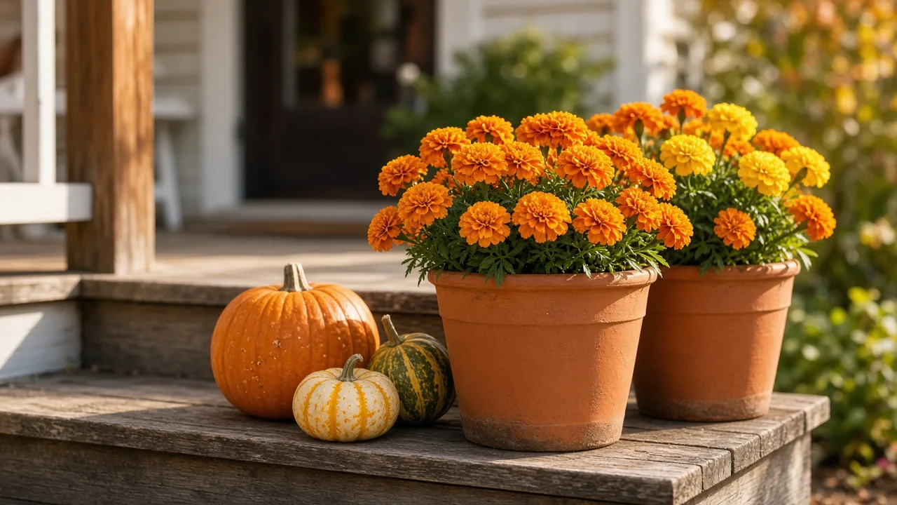 Orange marigolds in terracotta pots on a sunny fall porch beside pumpkins