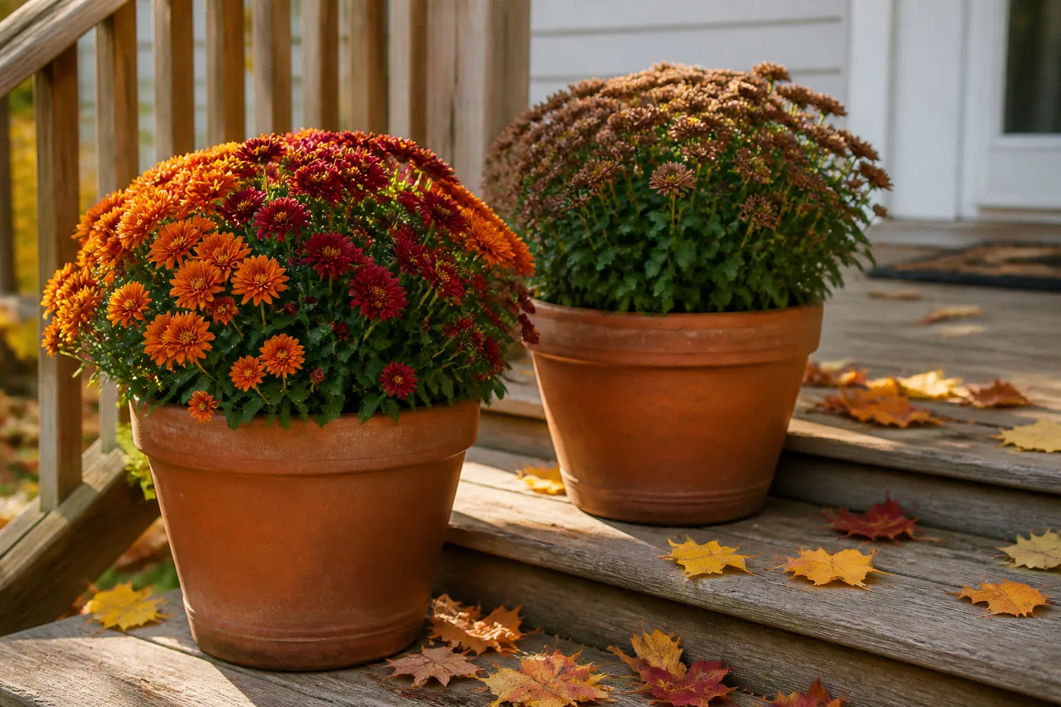 Fall porch pots of chrysanthemums with faded spent blooms and healthy green foliage on wooden steps