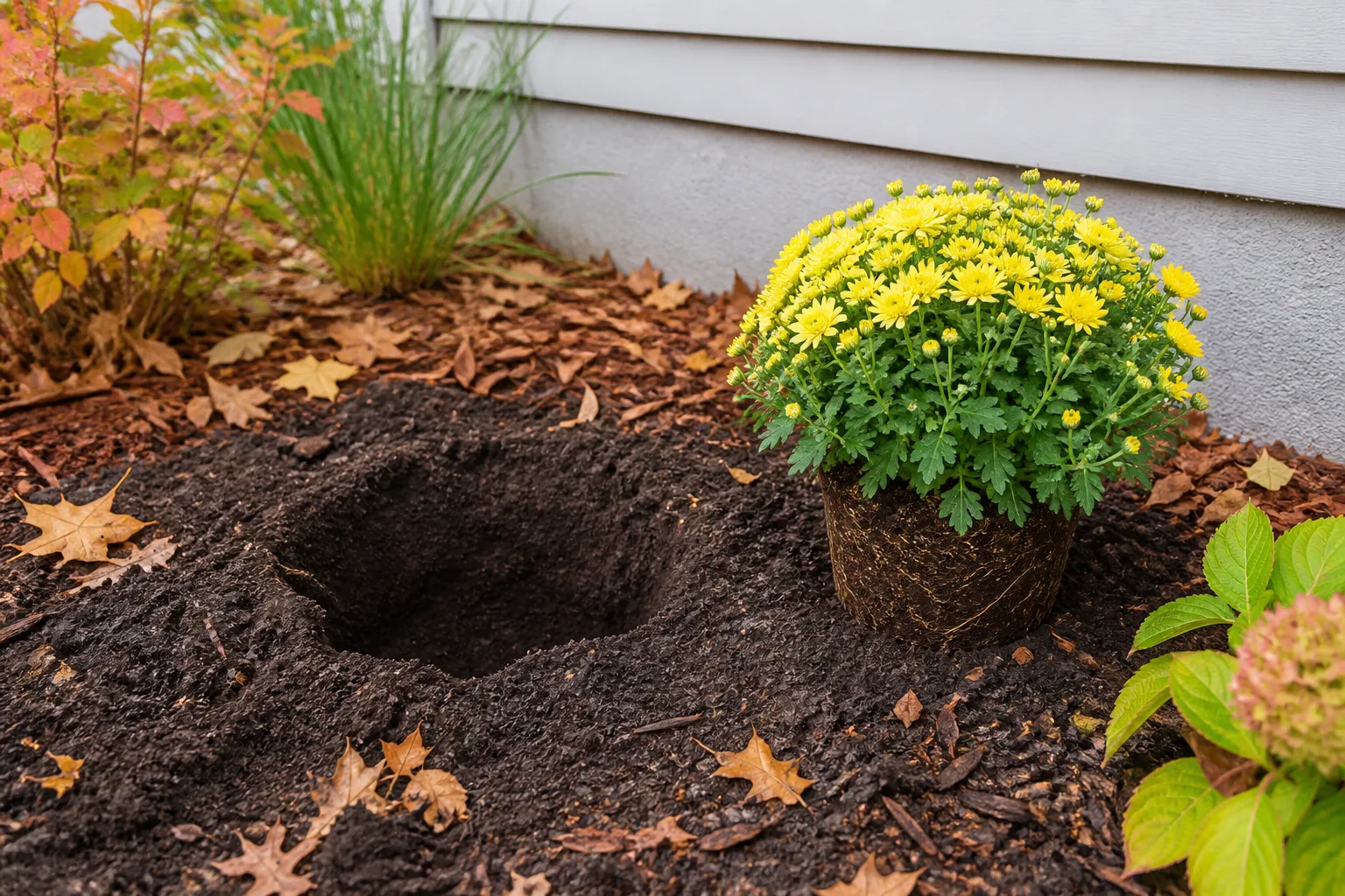 Prepared fall garden bed with a potted chrysanthemum beside a planting hole ready for transplant