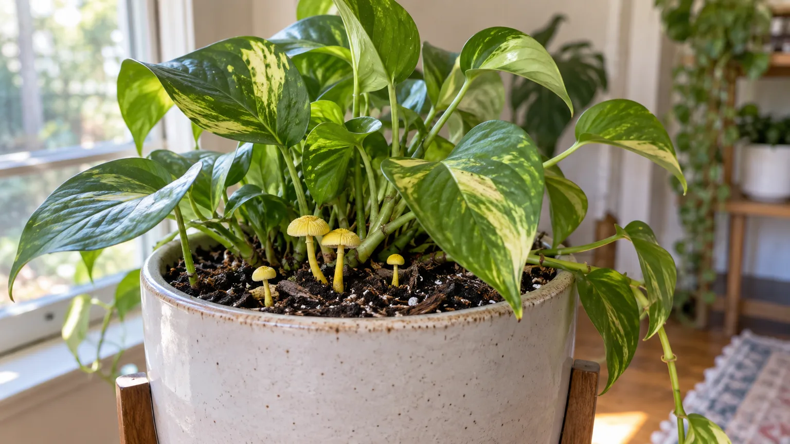 Small yellow mushrooms growing in the soil of a healthy potted houseplant