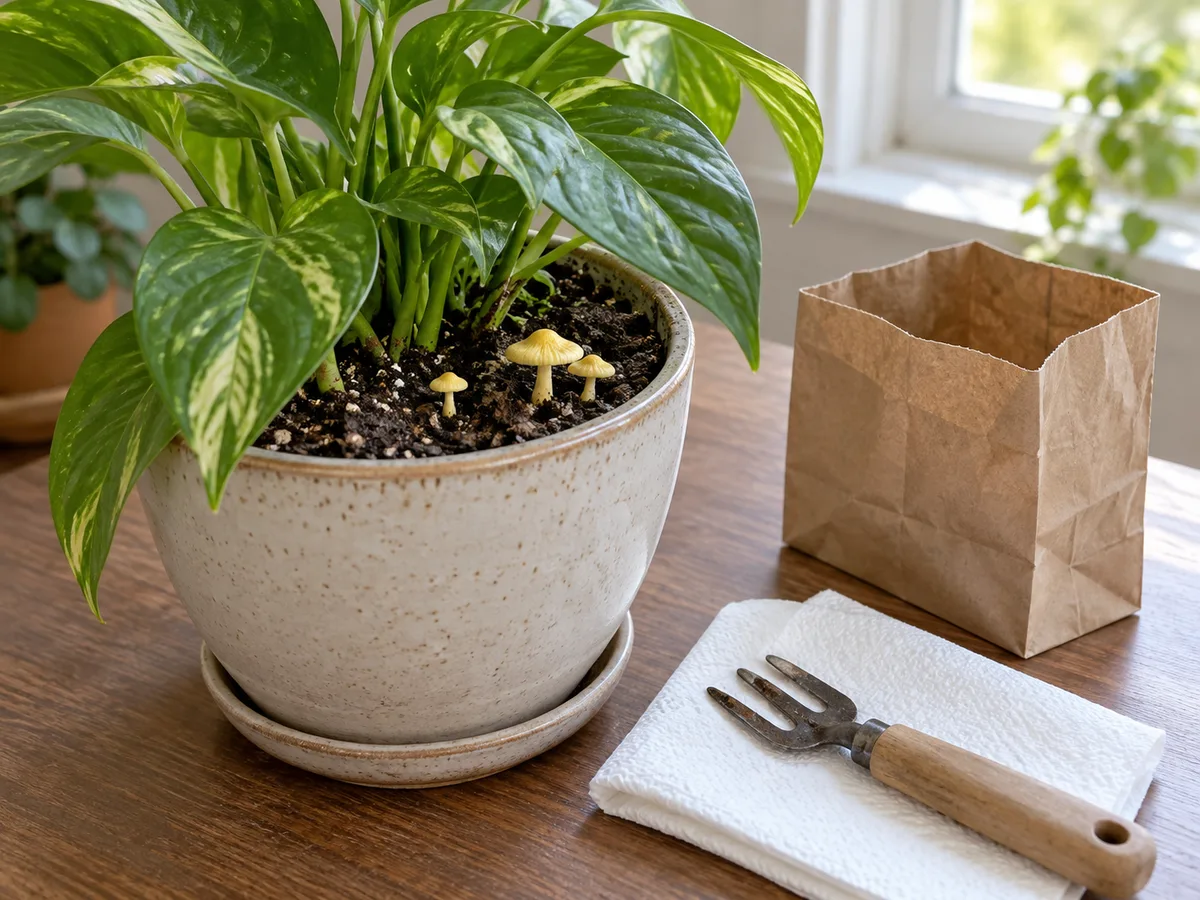 Houseplant mushrooms beside a fork, paper towel, and waste bag for low-disturbance removal
