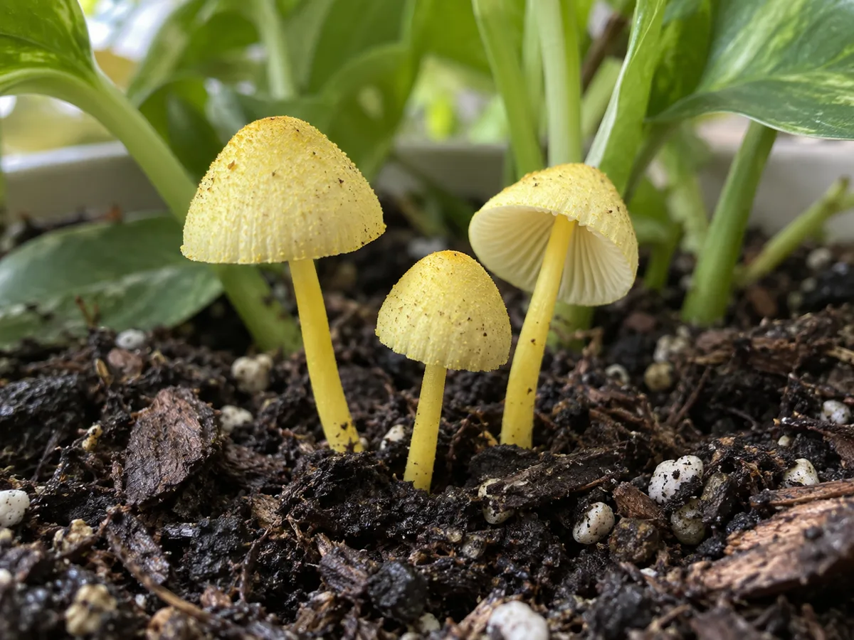 Small yellow houseplant mushrooms with slender stems emerging from potting mix