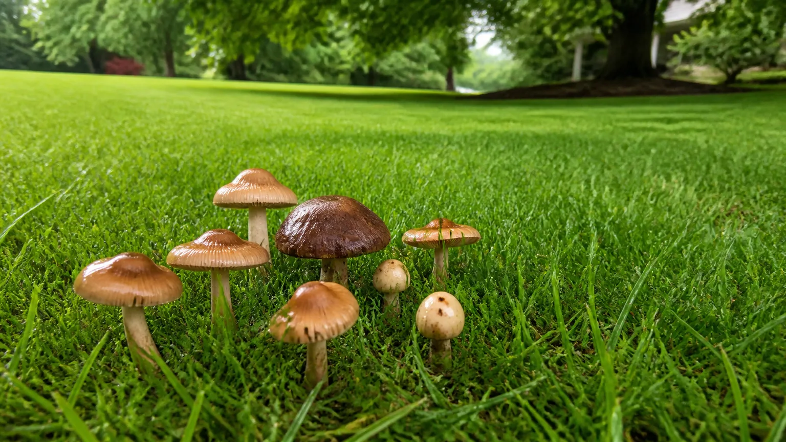 Mushrooms emerging from healthy grass after rain in a shaded residential lawn