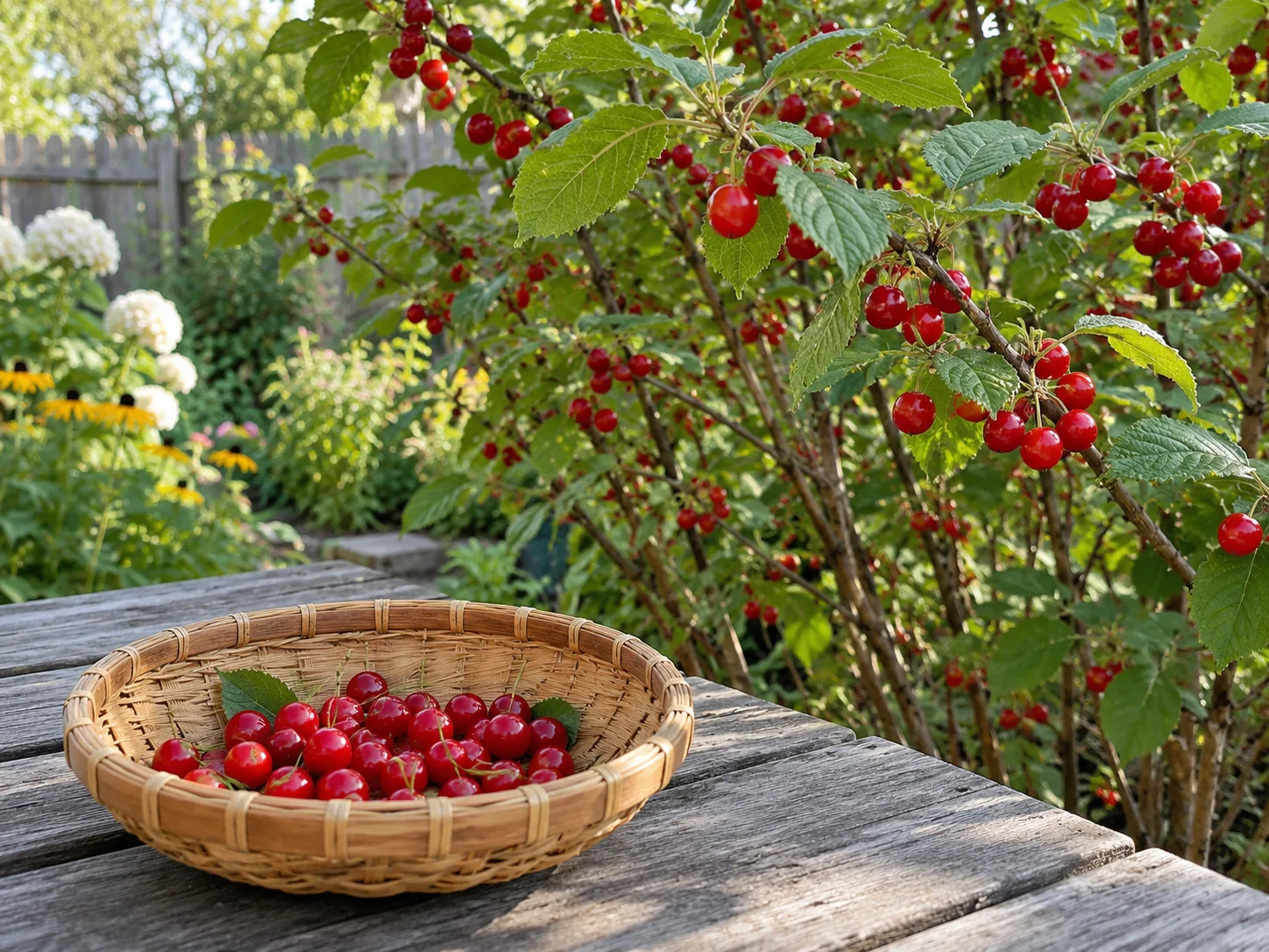 A shallow basket of ripe Nanking cherries beside a fruiting multi-stem shrub.