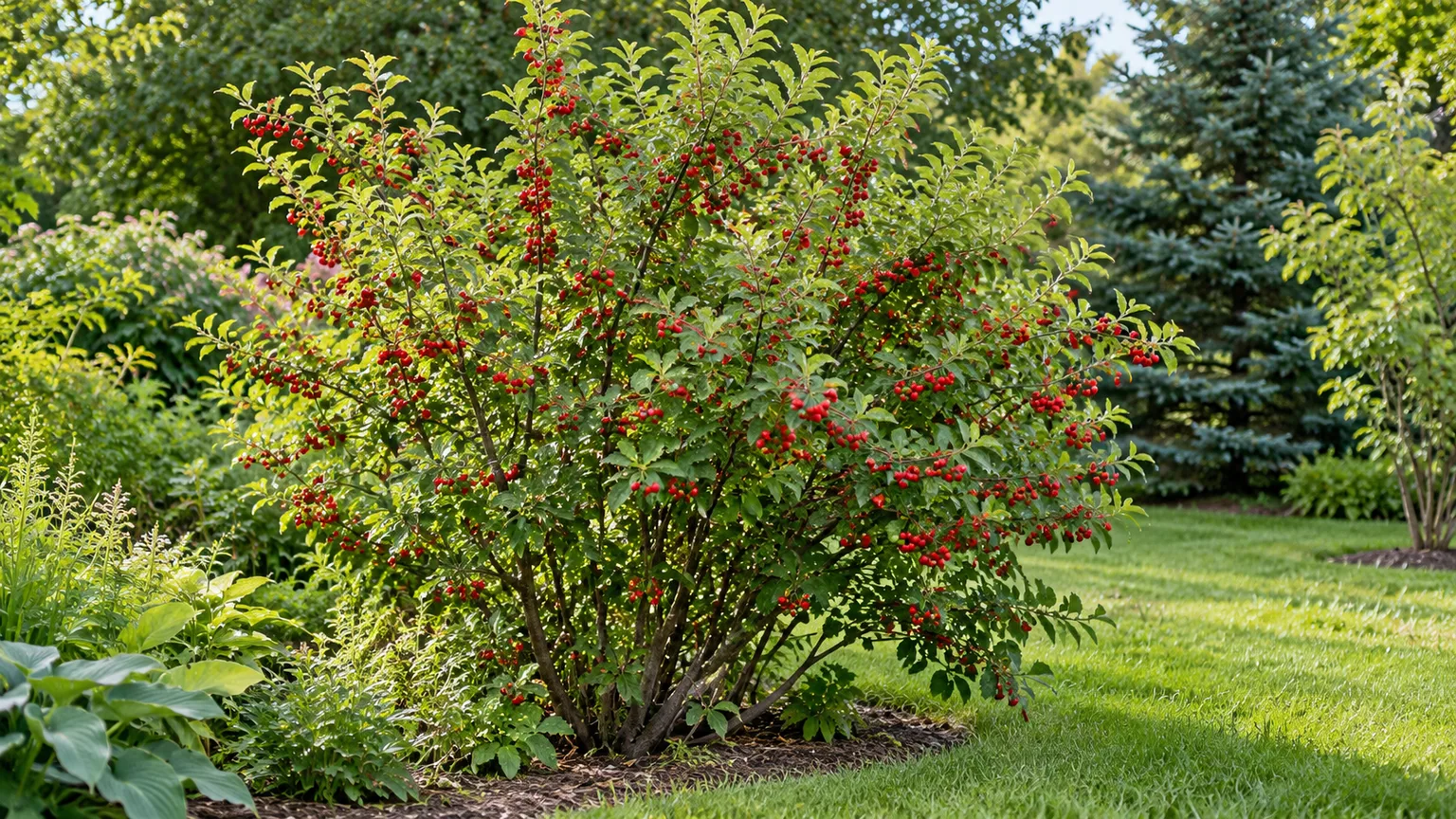 A mature Nanking cherry bush with small red fruit in a sunny garden