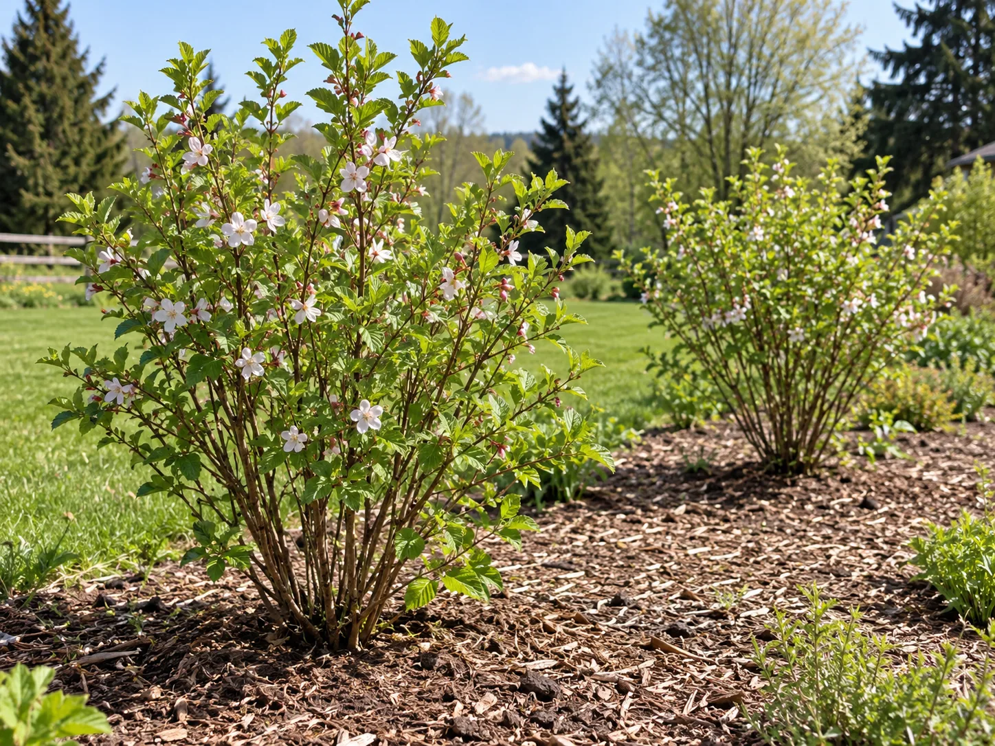 Two young Nanking cherry bushes flowering in a sunny, mulched garden with room between them.
