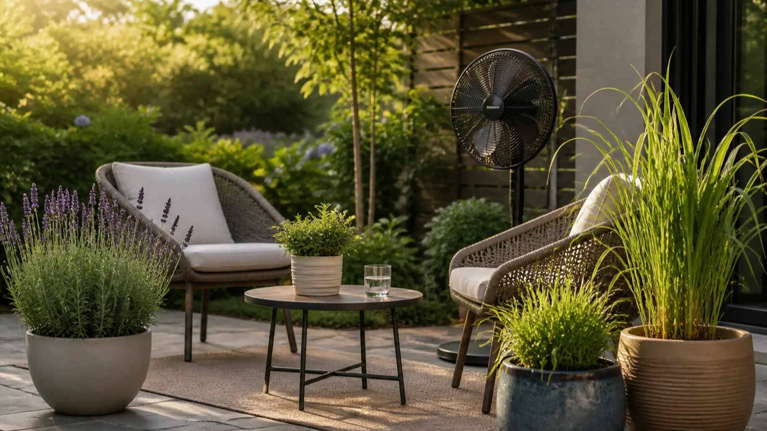 Outdoor patio with a fan and potted aromatic plants for natural mosquito deterrence