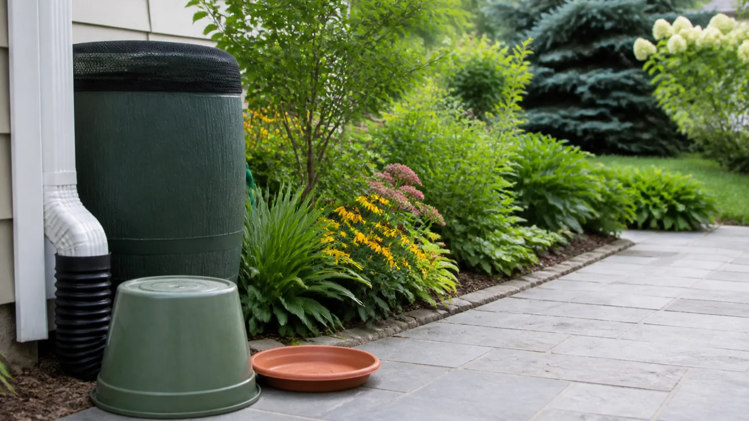 Covered rain barrel, empty pot saucer, and upside-down container beside a tidy garden path