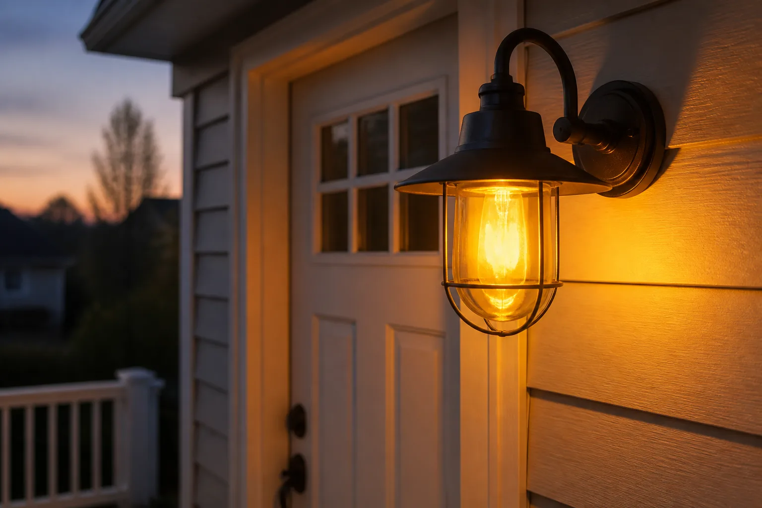 Warm amber porch light beside a cooler white bulb on an exterior entry at dusk