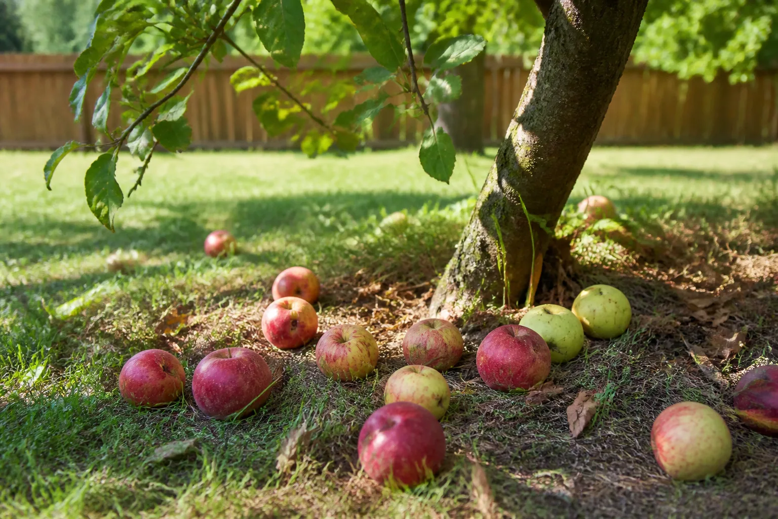 Fallen apples on the ground beneath a backyard fruit tree
