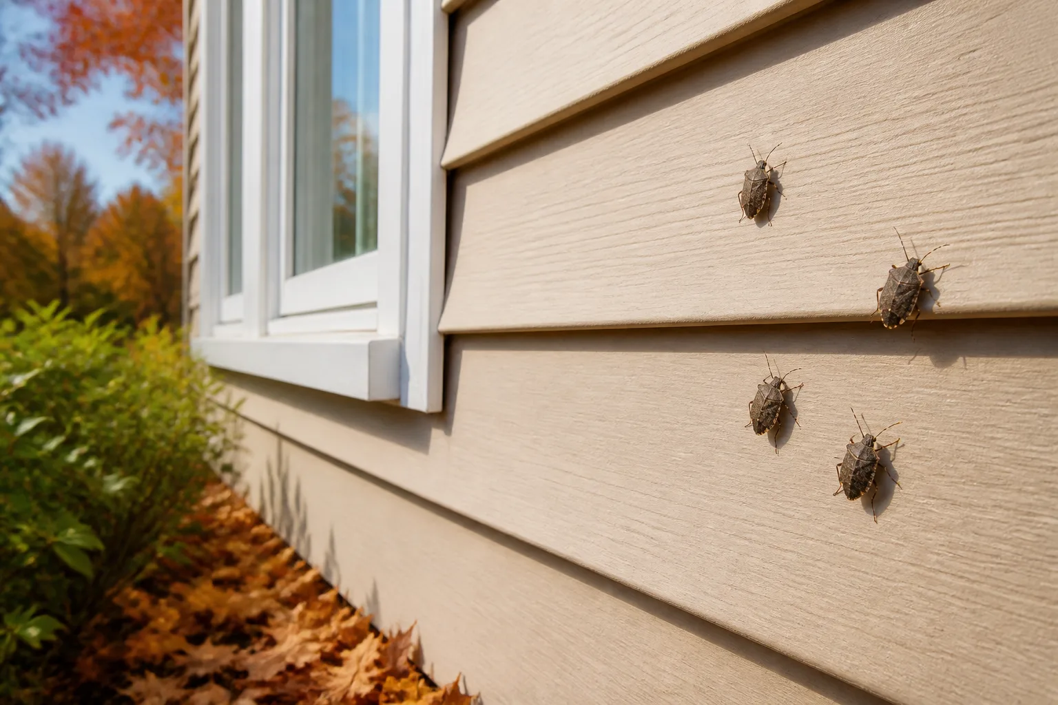 Brown marmorated stink bugs resting on sunny house siding near a window on an autumn afternoon