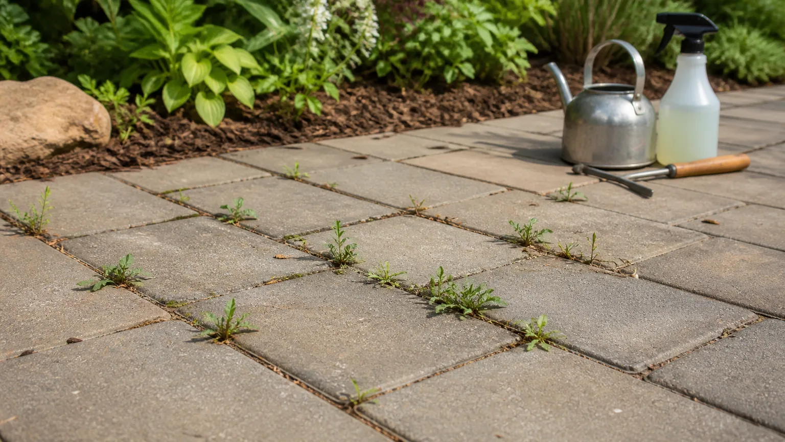 Weeds growing between outdoor pavers beside a kettle, spray bottle, and hand weeding tools