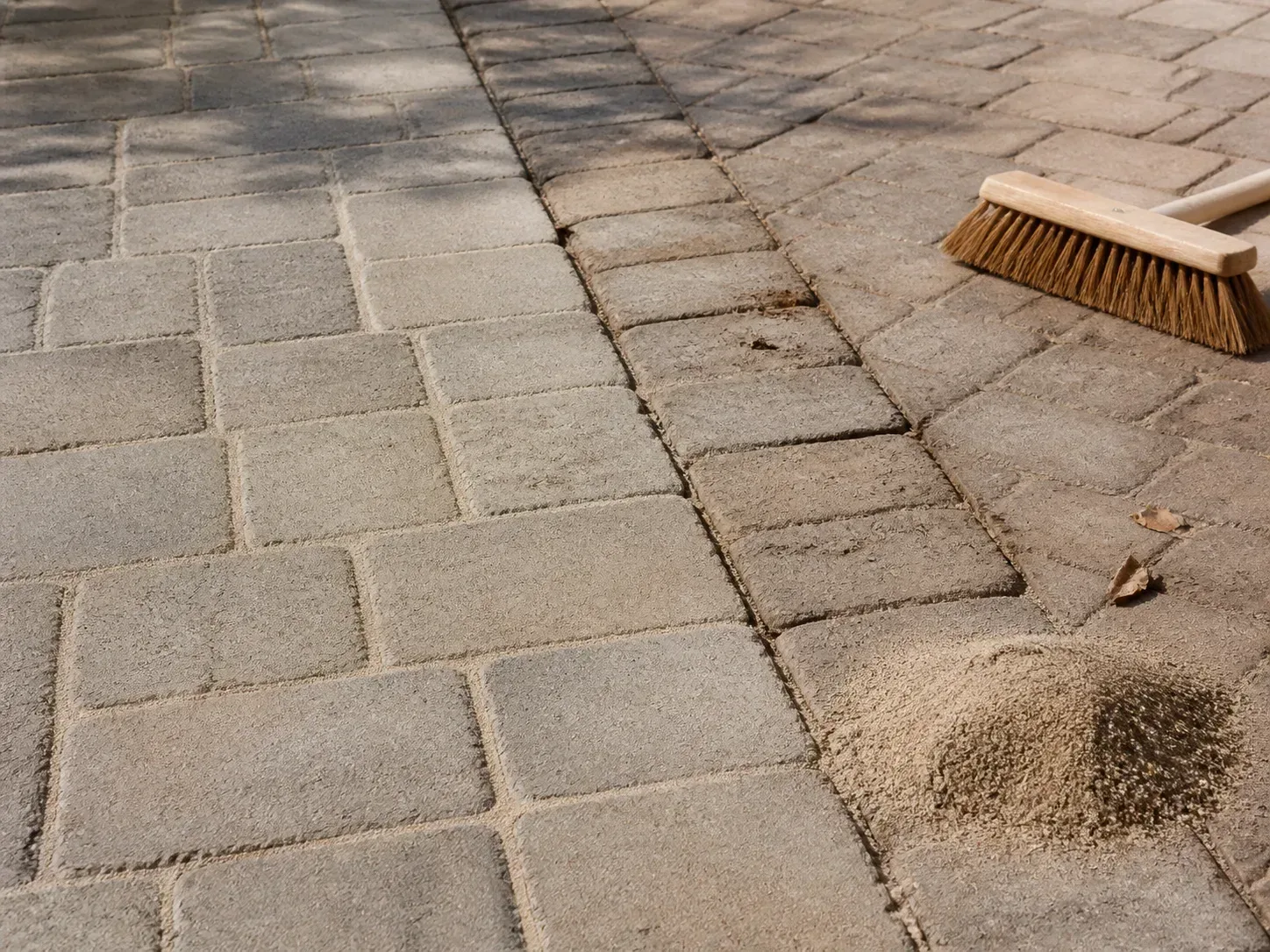 Outdoor paver joints being restored with fresh jointing sand and a stiff broom