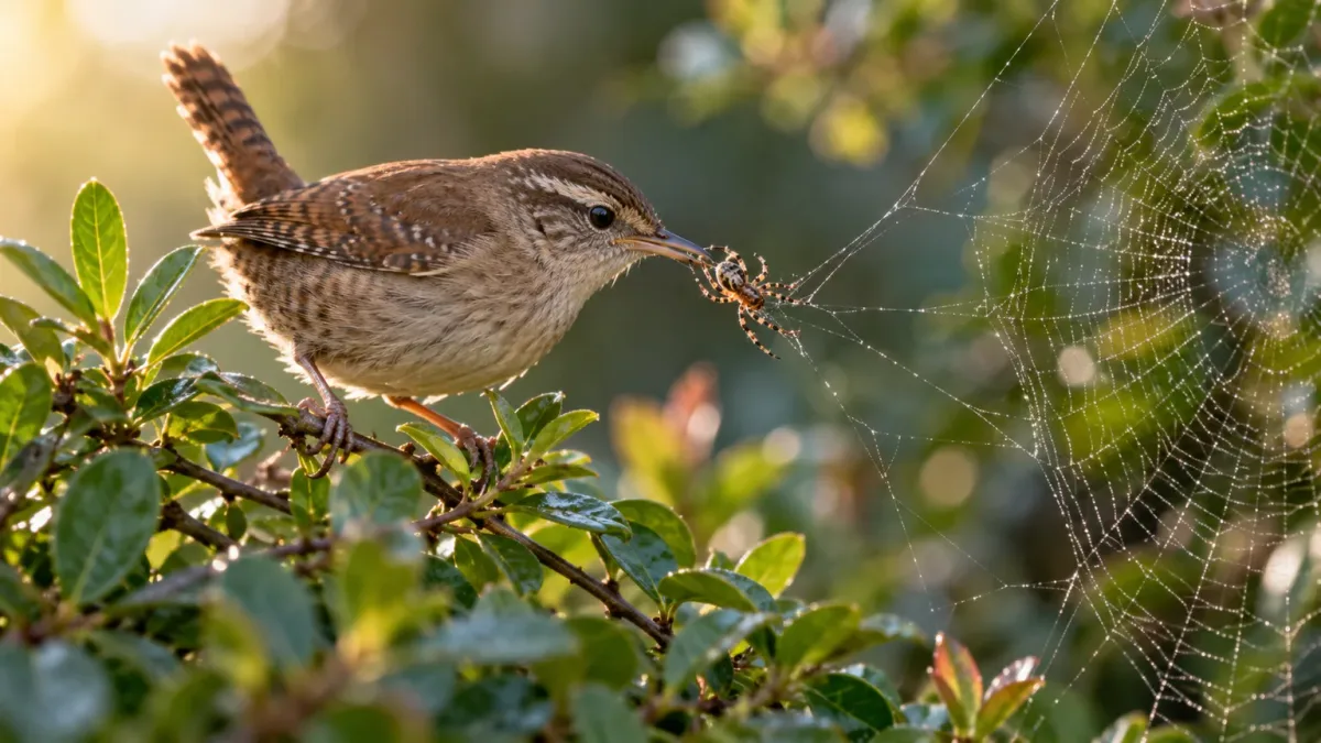 A wren picks a spider from the edge of a garden web.
