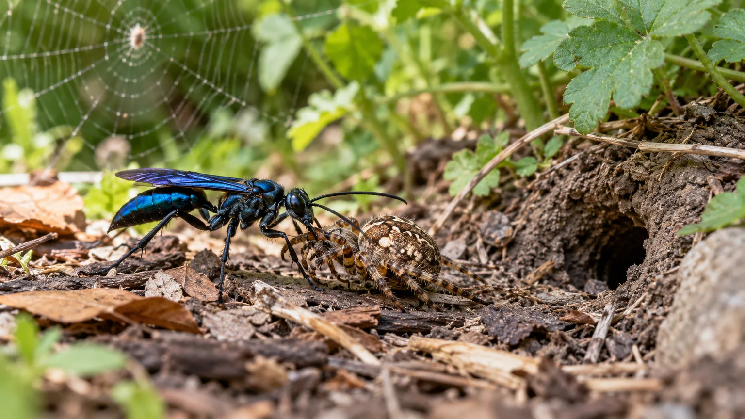 A spider-hunting wasp drags a spider across garden leaf litter