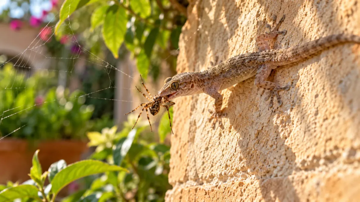 A gecko catches a spider on an outdoor courtyard wall.