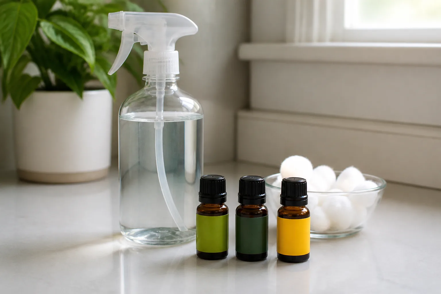 Spray bottle and peppermint, rosemary, and citronella essential oils on a kitchen counter near a baseboard for natural mouse repellent