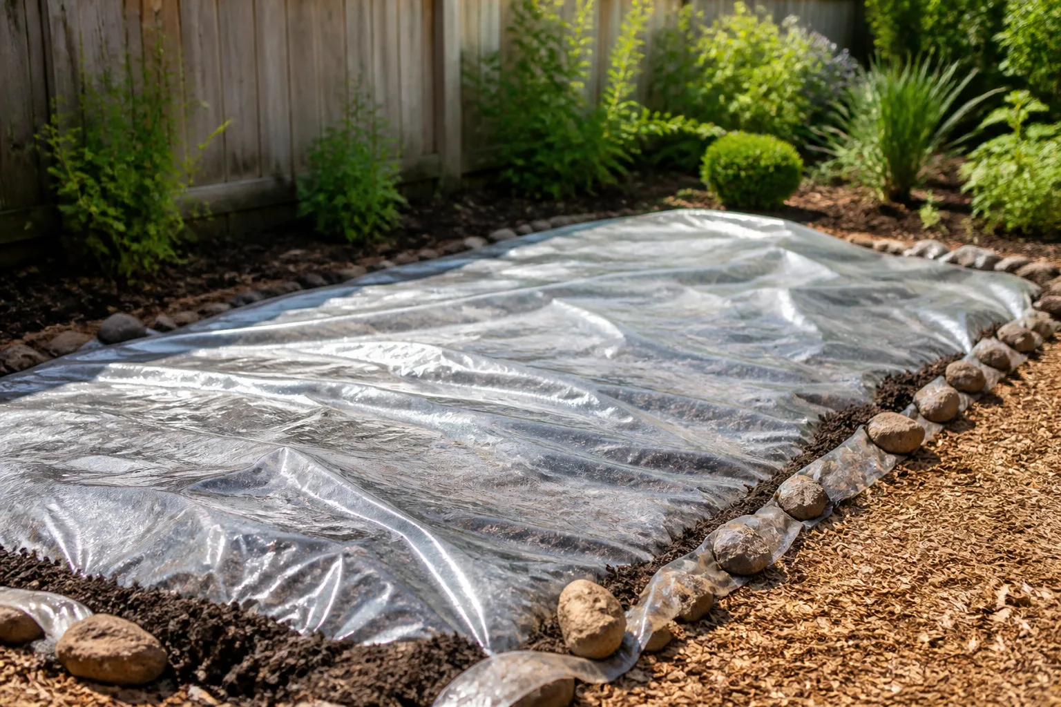 Clear plastic sealed over a sunny garden bed for soil solarization