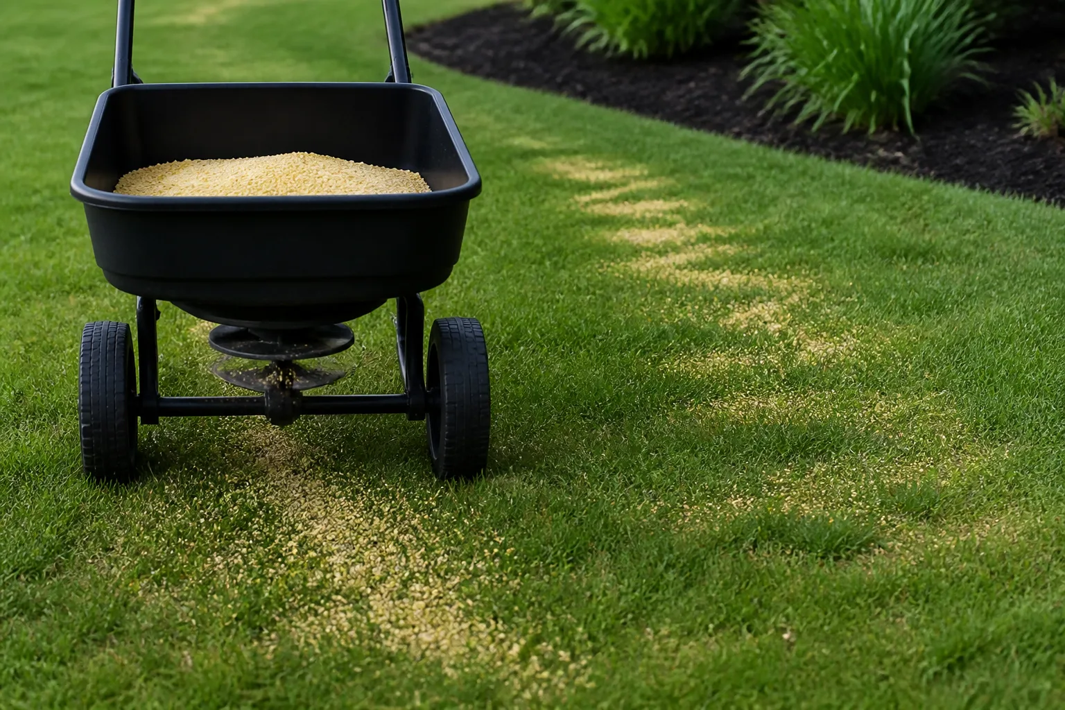 Broadcast spreader applying granular corn gluten meal on a spring lawn