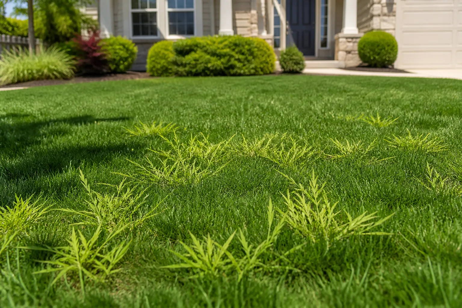 Pale crabgrass clumps spreading among darker cool-season turf in a suburban summer lawn