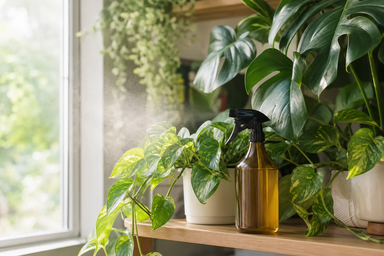 A spray bottle of diluted neem oil beside healthy indoor plants on a shelf