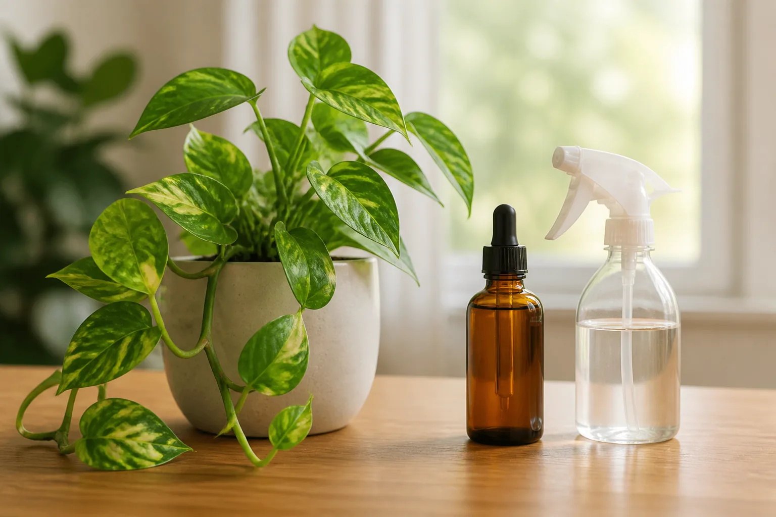 Side-by-side insecticidal soap and neem oil spray bottles next to a houseplant ready for soft-bodied pest treatment