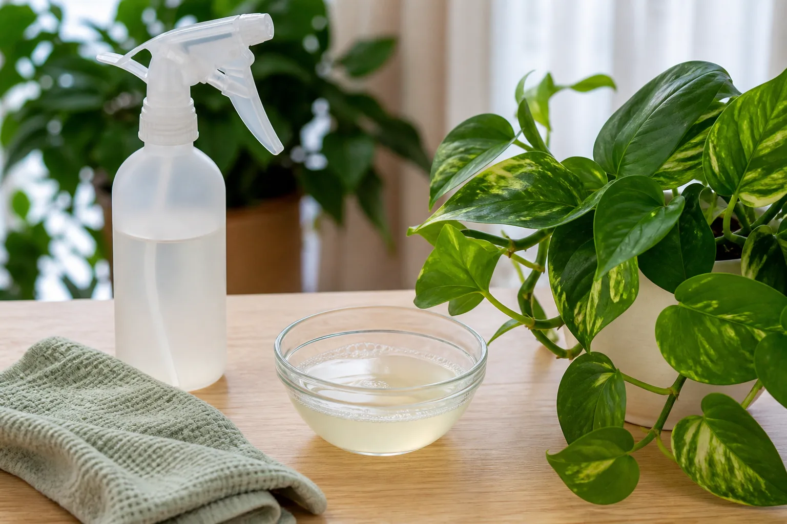 Spray bottle misting leaf undersides beside labeled insecticidal soap and neem oil bottles for houseplant pest treatment
