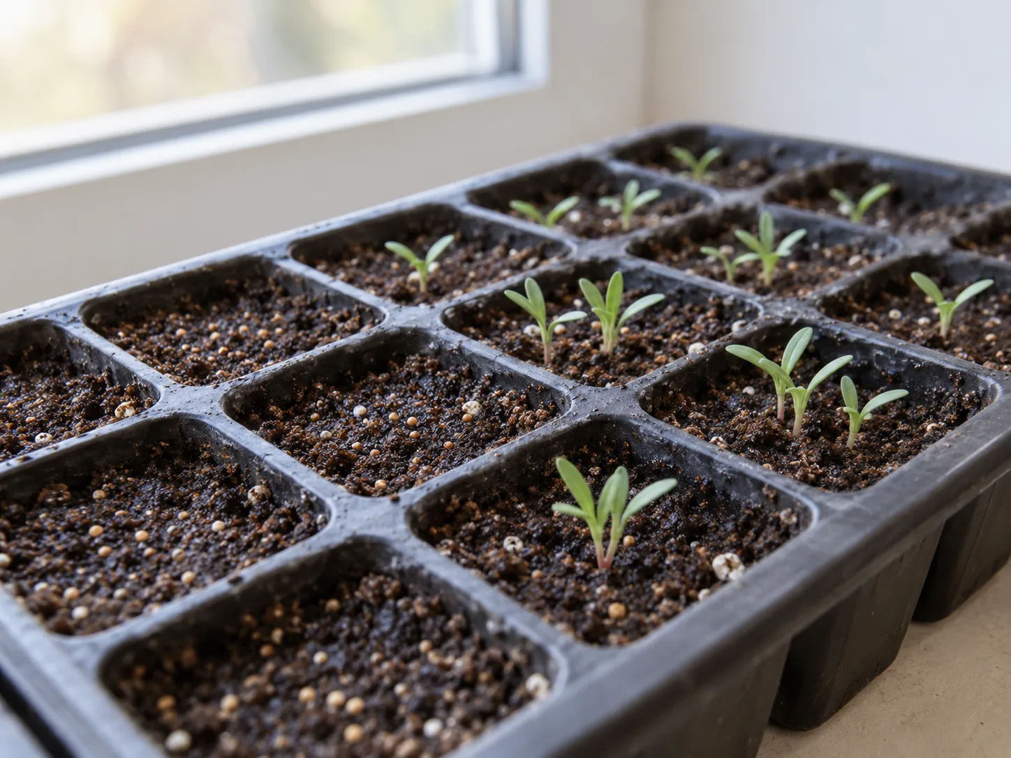 Young nemesia seedlings emerging from fine seed-starting mix in a tray.