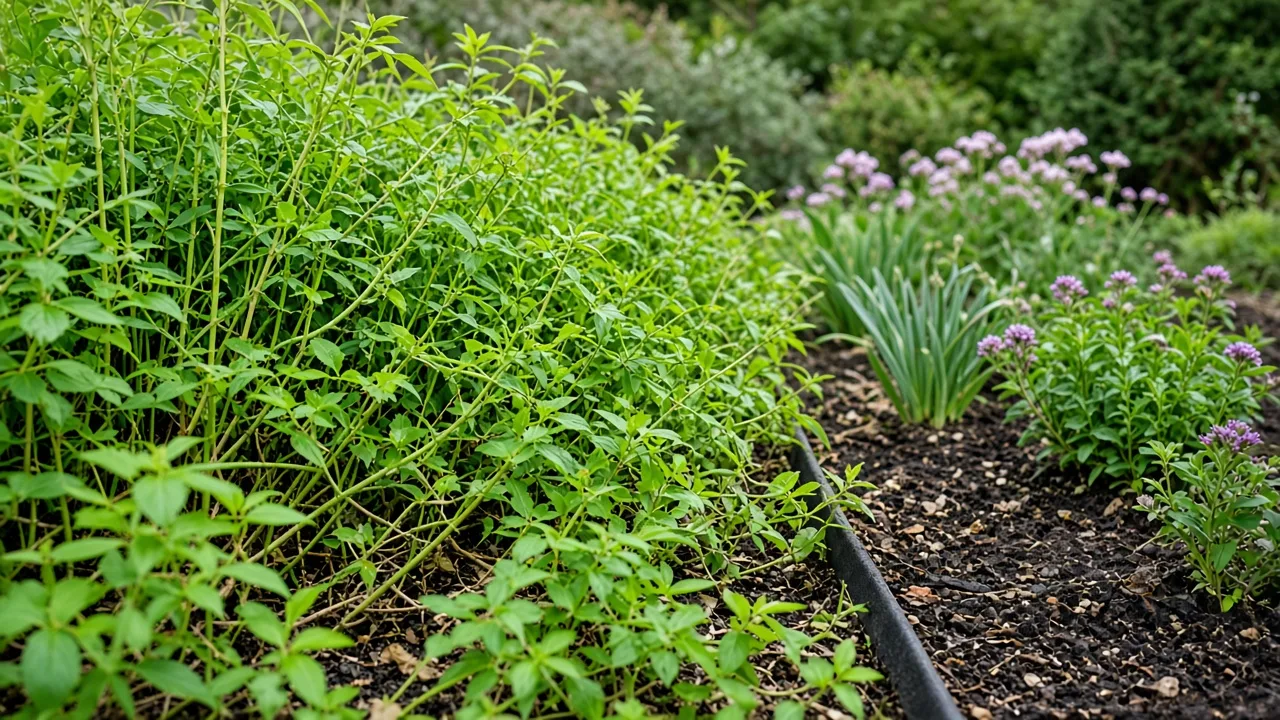 Dense invasive plant growth along a garden edge, illustrating why early identification and containment matter