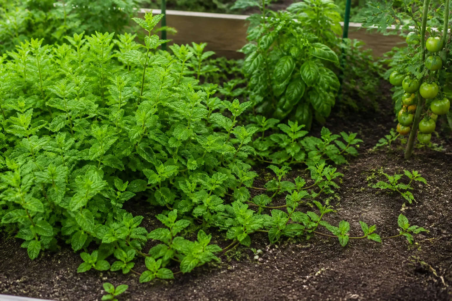 Spearmint growing vigorously in a container illustrating why mint spread makes open garden beds risky