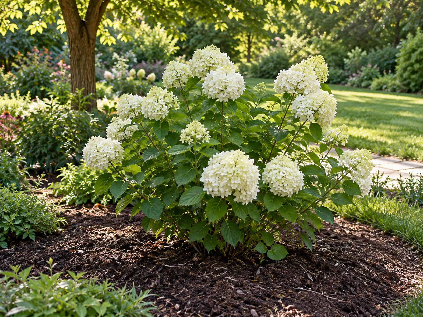 Smooth hydrangea planted in an open garden bed with dappled light and a mulched root zone