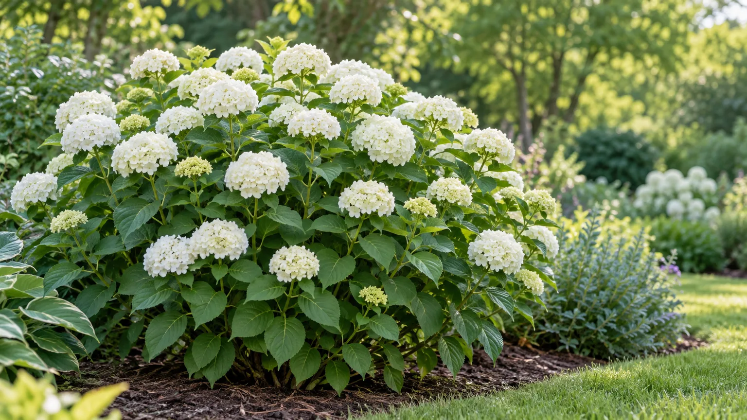 Compact smooth hydrangea with abundant white blooms in a garden border