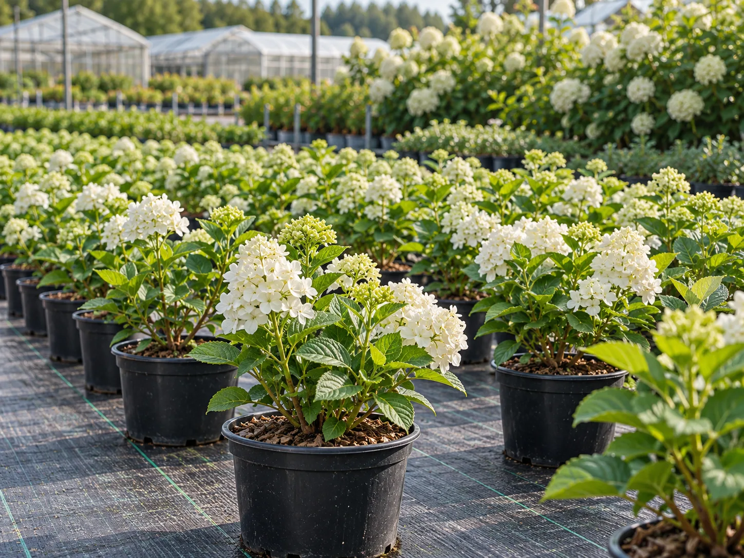 Rows of young white-flowering hydrangeas growing at a nursery