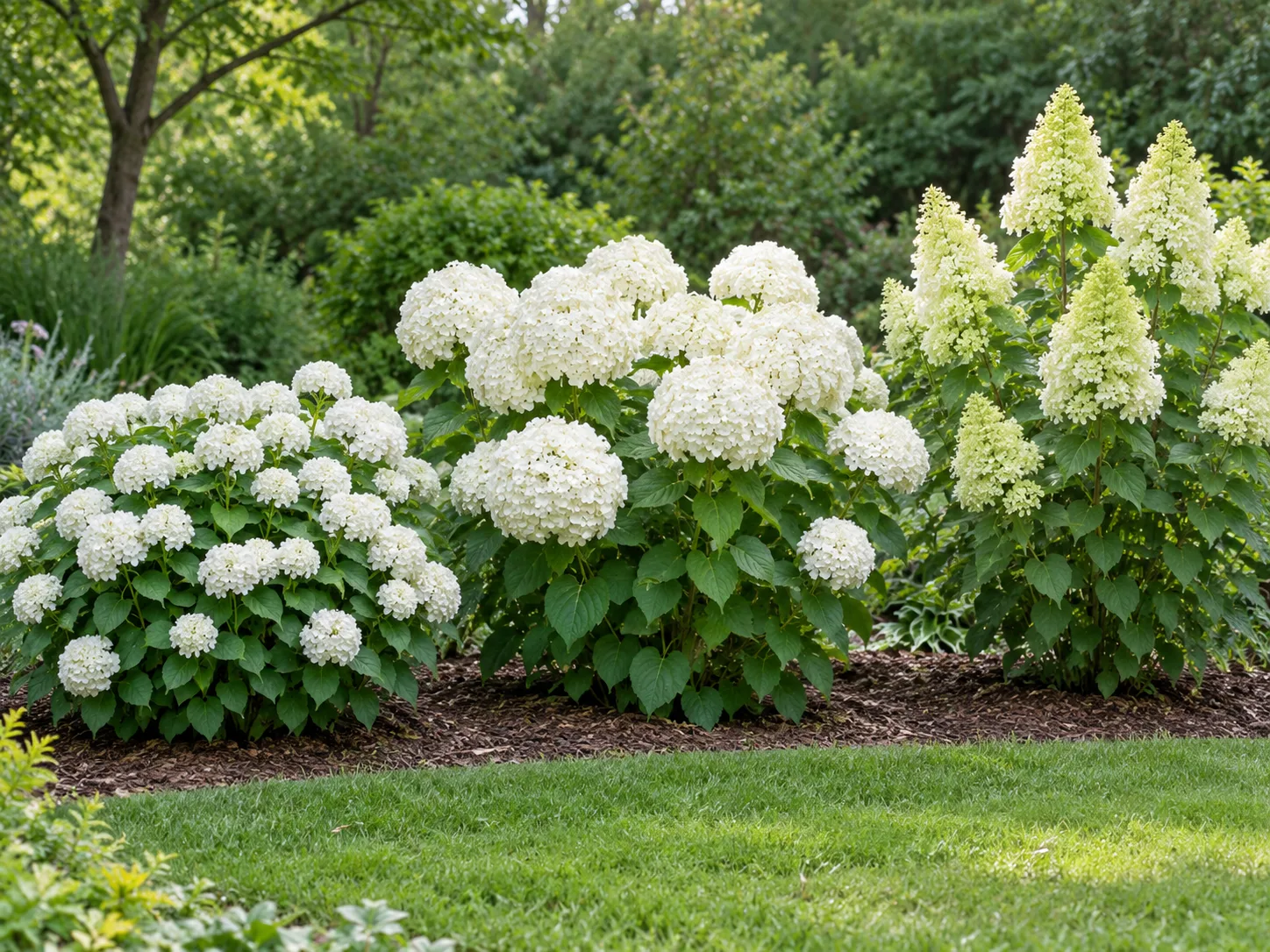 Compact smooth hydrangea beside larger rounded and cone-shaped hydrangea shrubs