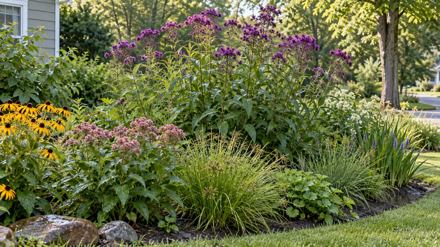 New York ironweed rising at the back of a sunny, moist rain-garden border with lower native flowers and sedges