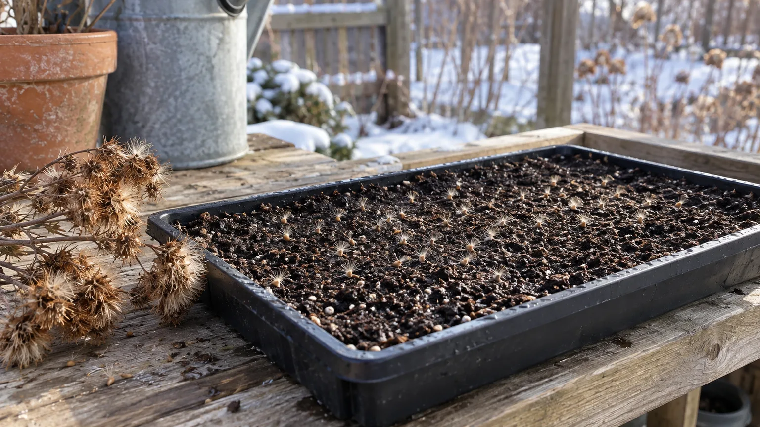 New York ironweed seed heads beside a shallow tray with seeds pressed onto moist mix for cold stratification